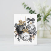 黒エレガントと白のクリスマス装飾品シール ポストカード (スタンド正面)