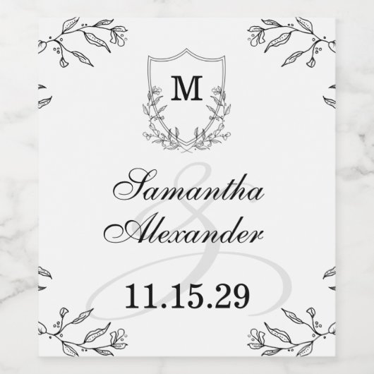 黒エレガントと白のクレスト日付を保存 ワインラベル (シングルラベル)