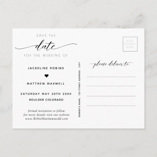 黒エレガントと白のスクリプトウェディング日付を保存 ポストカード (裏面)