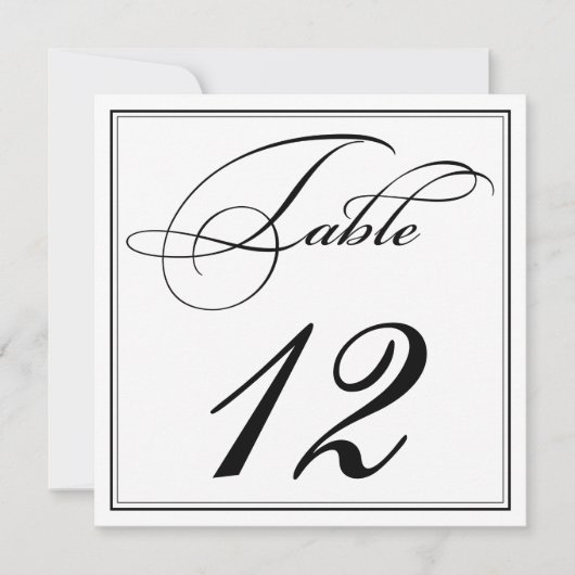 黒エレガントと白のスクリプトテーブル番号カード 招待状 (正面)