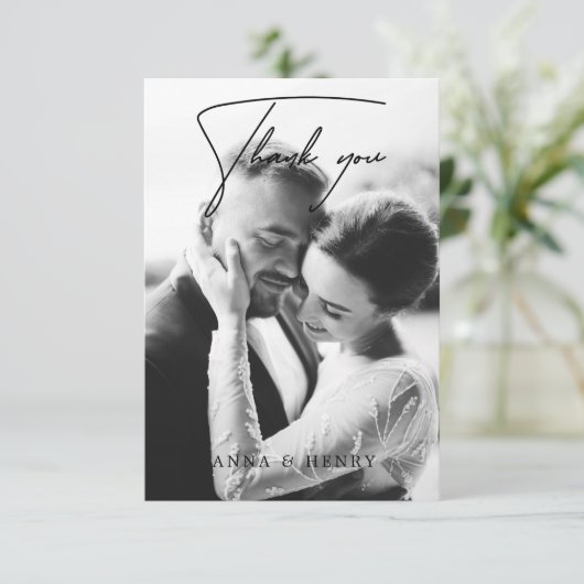 黒エレガントと白のスクリプトフォト結婚ズ サンキューカード (スタンド正面)