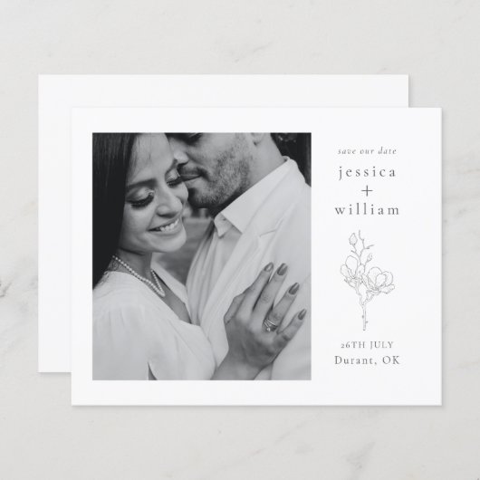 黒エレガントと白のスクリプト写真の日付を保存 (正面/裏面)