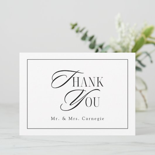 黒エレガントと白のスクリプ結婚トの写真 サンキューカード (スタンド正面)