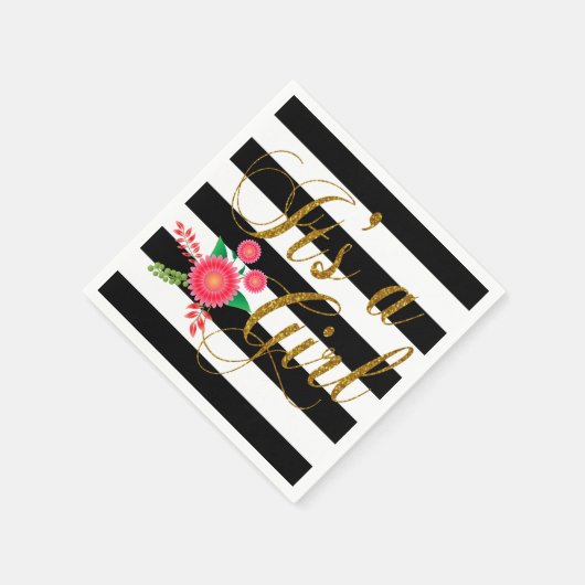 黒エレガントと白のストライプフローラ スタンダードカクテルナプキン (角)