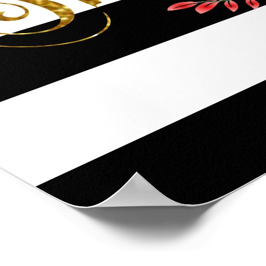 黒エレガントと白のストライプフローラ ポスター (角)