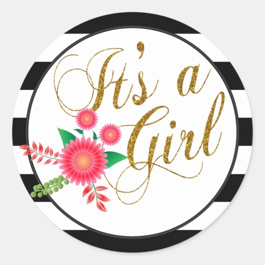 黒エレガントと白のストライプフローラ ラウンドシール (正面)