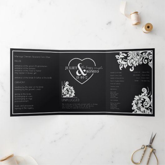 黒エレガントと白のダマスクのプラグが抜け結婚た 三つ折りプログラム (内部)