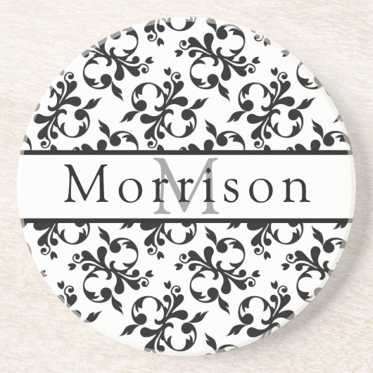 黒エレガントと白のダマスクフランスのパターン コースター (正面)