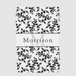 黒エレガントと白のダマスクフランスのパターン ゴルフタオル