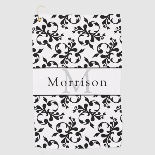 黒エレガントと白のダマスクフランスのパターン ゴルフタオル (正面)
