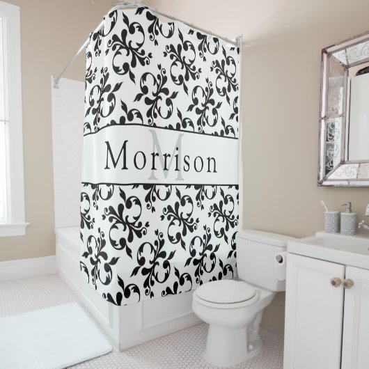 黒エレガントと白のダマスクフランスのパターン シャワーカーテン (インサイチュ)