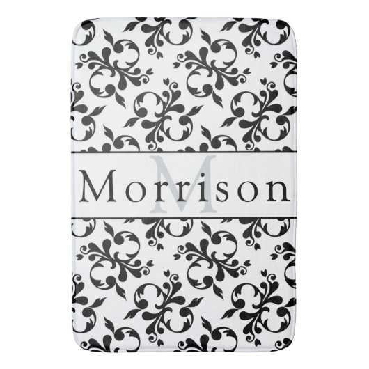 黒エレガントと白のダマスクフランスのパターン バスマット (正面縦)