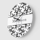 黒エレガントと白のダマスクフランスのパターン ラージ壁時計 (傾斜)