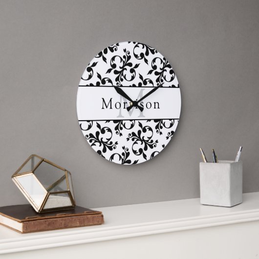 黒エレガントと白のダマスクフランスのパターン ラージ壁時計 (オフィス)