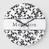 黒エレガントと白のダマスクフランスのパターン ラージ壁時計 (正面)