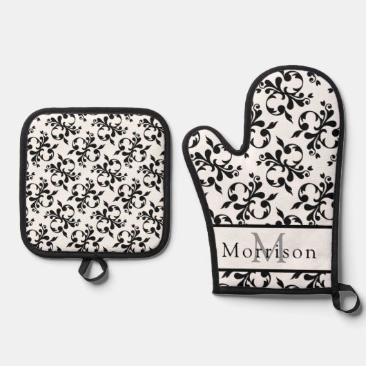 黒エレガントと白のダマスクフランスのパターン 鍋つかみ&鍋敷きセット (正面)