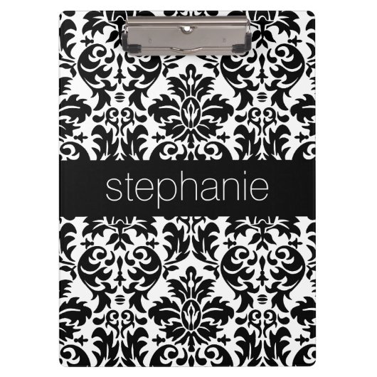 黒エレガントと白のダマスク模様 クリップボード (正面)