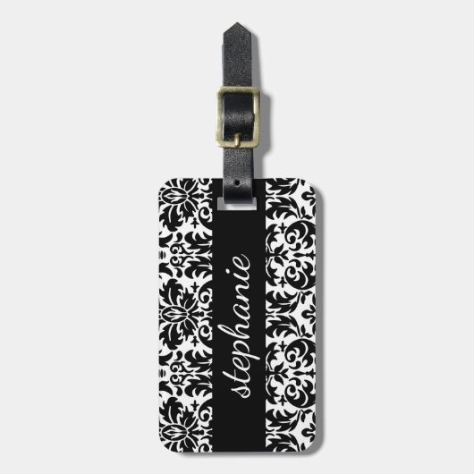 黒エレガントと白のダマスク模様 ラゲッジタグ (正面縦)