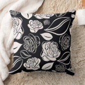 黒エレガントと白のバラと葉 クッション (ブランケット)