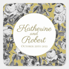 黒エレガントと白のバラの金ゴールド結婚の スクエアシール