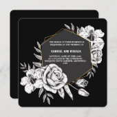 黒エレガントと白のフローラジオメト結婚リ 招待状 (正面/裏面)