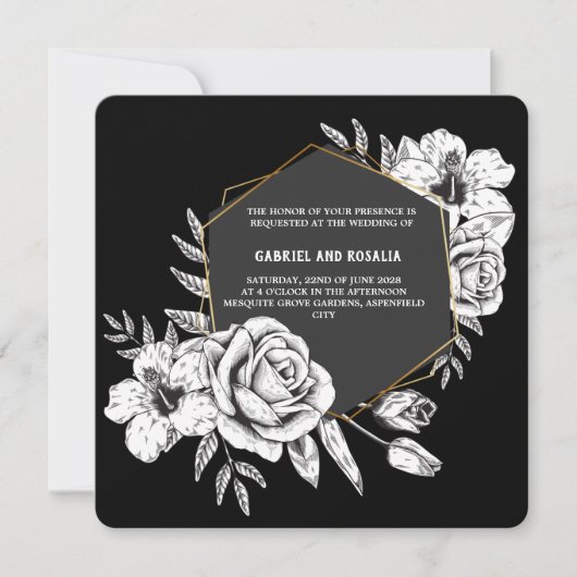 黒エレガントと白のフローラジオメト結婚リ 招待状 (正面)