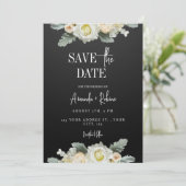 黒エレガントと白のフローラ日付の保存 招待状 (スタンド正面)