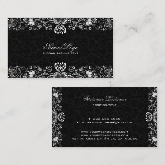 黒エレガントと白のフローラ 名刺 (正面/裏面)