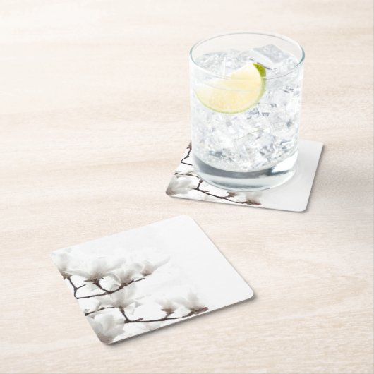 黒エレガントと白のマグノリアフローラ水色 スクエアペーパーコースター (インサイチュ)