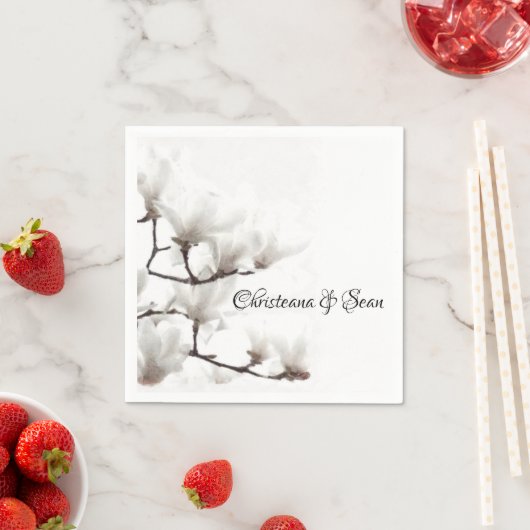 黒エレガントと白のマグノリアフローラ水色 スタンダードカクテルナプキン (インサイチュ)