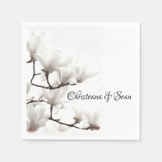 黒エレガントと白のマグノリアフローラ水色 スタンダードカクテルナプキン (正面)