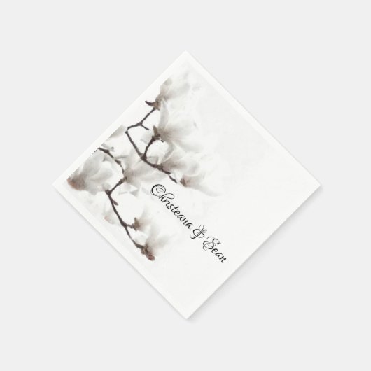 黒エレガントと白のマグノリアフローラ水色 スタンダードカクテルナプキン (角)
