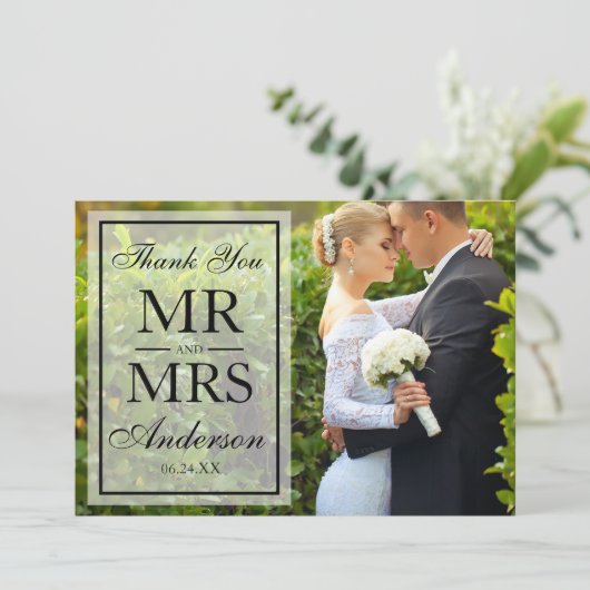 黒エレガントと白の写真ありがとうござ結婚う サンキューカード (スタンド正面)