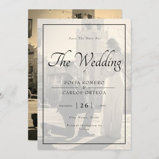 黒エレガントと白の写真の日付を保存 招待状 (正面/裏面)