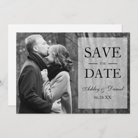 黒エレガントと白の写真を重ねて日付を保存 セーブザデート (正面/裏面)