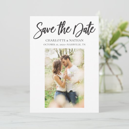 黒エレガントと白の写真日付カードを保存 招待状 (スタンド正面)