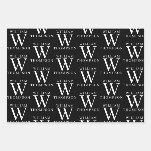 黒エレガントと白の名モノグラムの前イニシャル ラッピングペーパーシート (正面)
