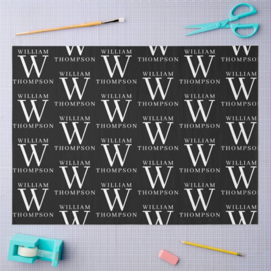 黒エレガントと白の名モノグラムの前イニシャル 薄葉紙 (クラフト)