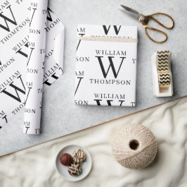 黒エレガントと白の名モノグラムの前 ラッピングペーパー