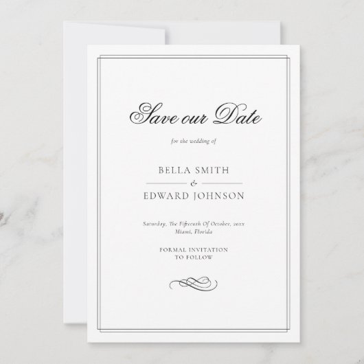 黒エレガントと白の日付の保存 招待状 (正面)
