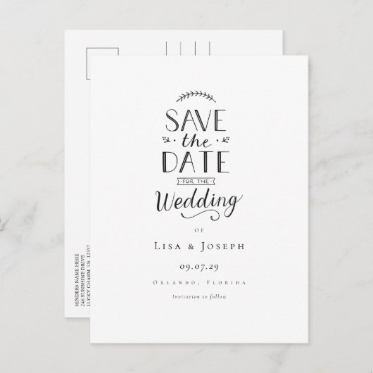 黒エレガントと白の日付の保存 案内ポストカード (正面/裏面)
