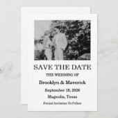 黒エレガントと白の日付の写真カードを保存 招待状 (正面/裏面)