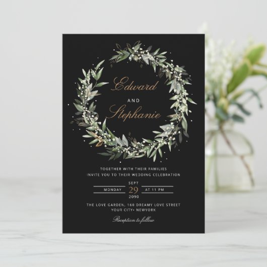 黒エレガントと白の水の色の緑結婚色 招待状 (スタンド正面)