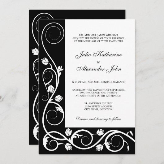 黒エレガントと白の渦巻き 招待状 (正面/裏面)