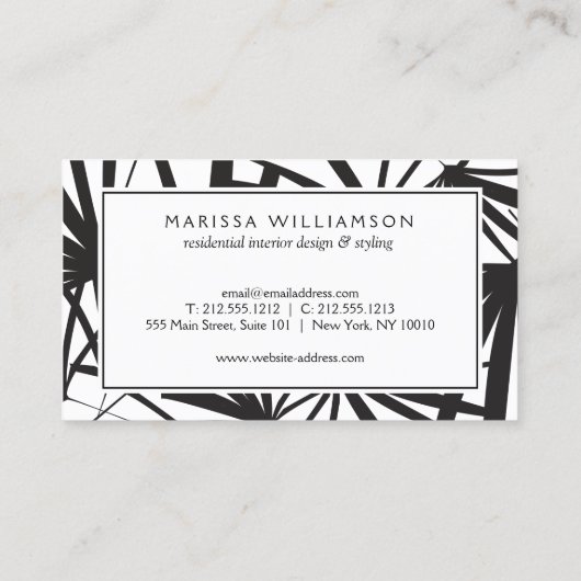 黒エレガントと白の熱帯性ヤシの葉 名刺 (裏面)