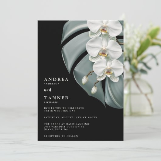 黒エレガントと白の熱帯蘭結婚の 招待状 (スタンド正面)