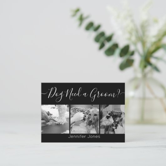 黒エレガントと白の犬のグルーミング追加ロゴ 名刺 (スタンド正面)