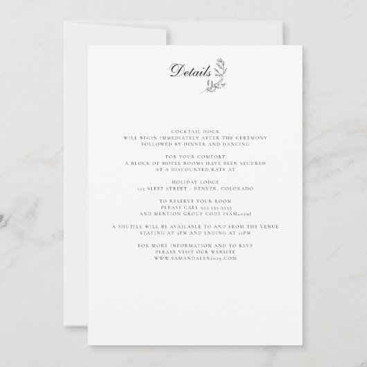 黒エレガントと白の紋章と詳細結婚 招待状 (裏面)