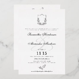 黒エレガントと白の紋章と詳細結婚 箔招待状