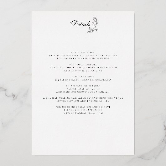 黒エレガントと白の紋章と詳細結婚 箔招待状 (裏面)